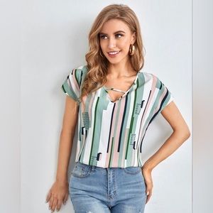 Cutout V-Neck Geo & Striped Print Top